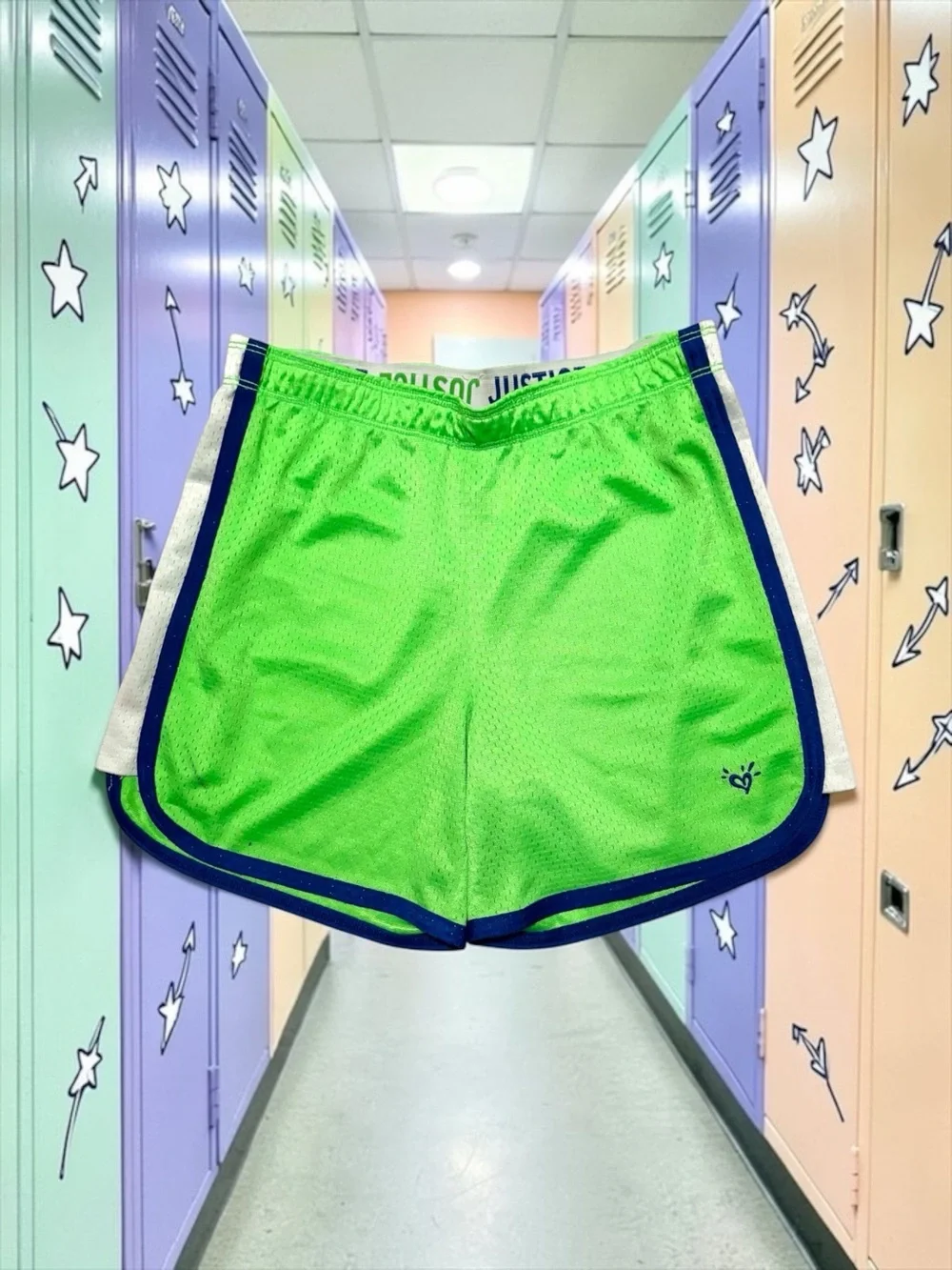Justice Girls Running Shorts Lime Green Mesh Navy Trim Size 14 EUC